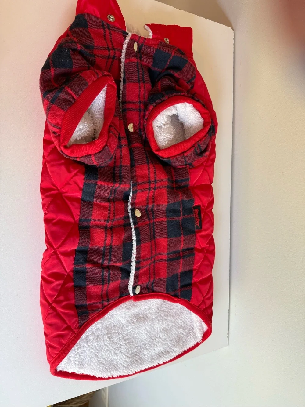 Dog Coat Jacket BINGPET Red Plaid Quilted Fleece Lined Snap Closure Warm Size L